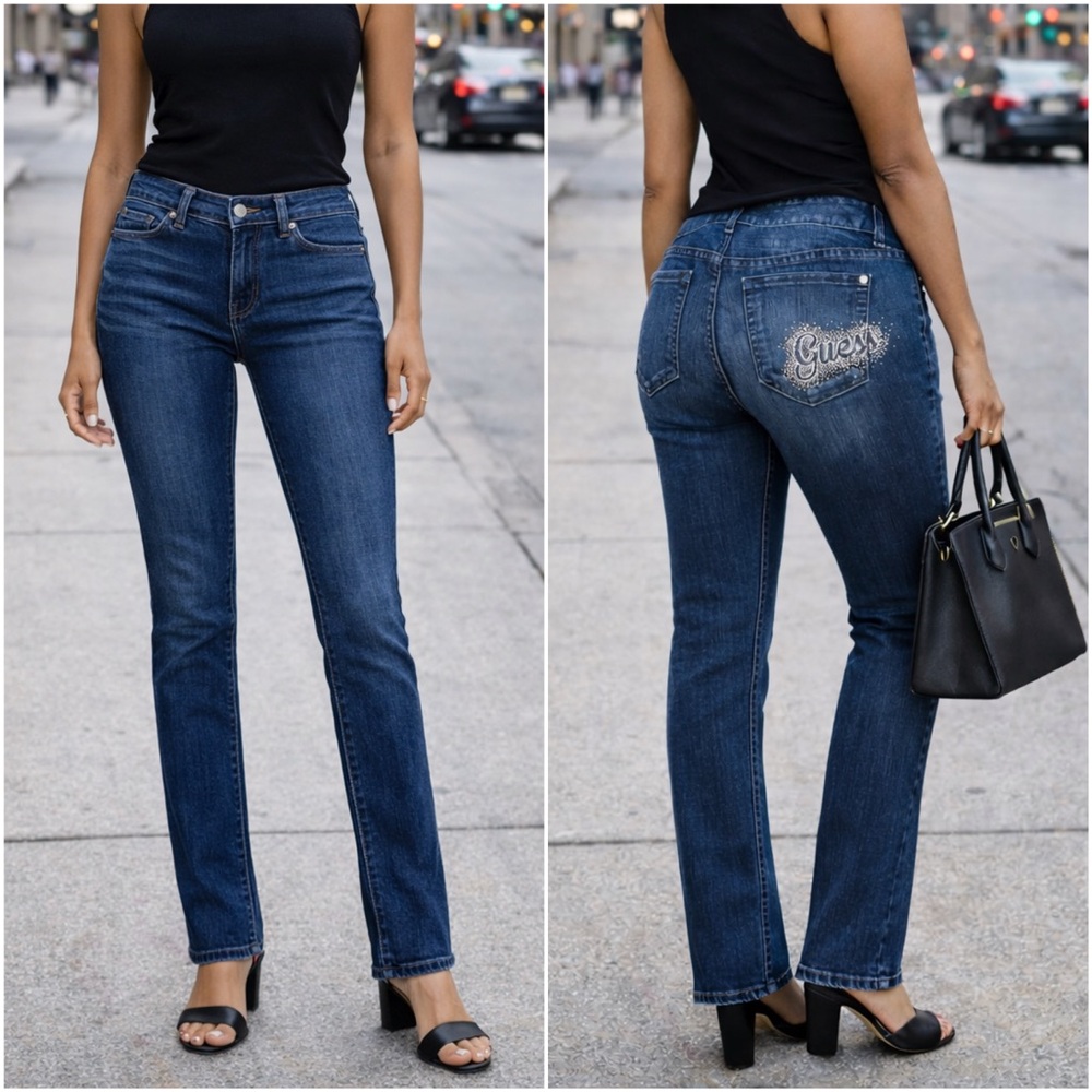 Guess Sarah Fit Rhinestone Logo Jeans Medium Rise Skinny Blue Denim Size 27 Y2K